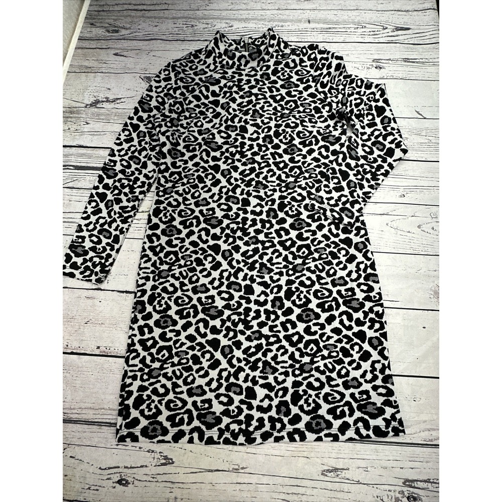 Tribal Leopard Print Mock Neck Long Sleeve Knit Dress Black White 3675O-2914 L